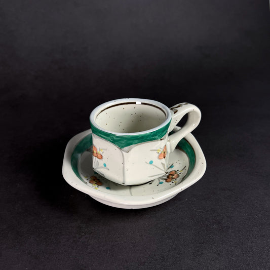 Arita Ware Hand Painted Hexagonal Floral Cup and Saucer 100ml - Green