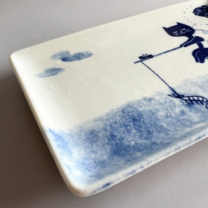 Nekomaruke Rectangular Plate 23.5cm - Fishing Cat