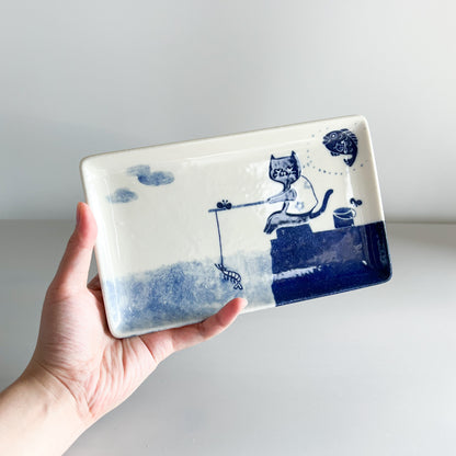 Nekomaruke Rectangular Plate 23.5cm - Fishing Cat