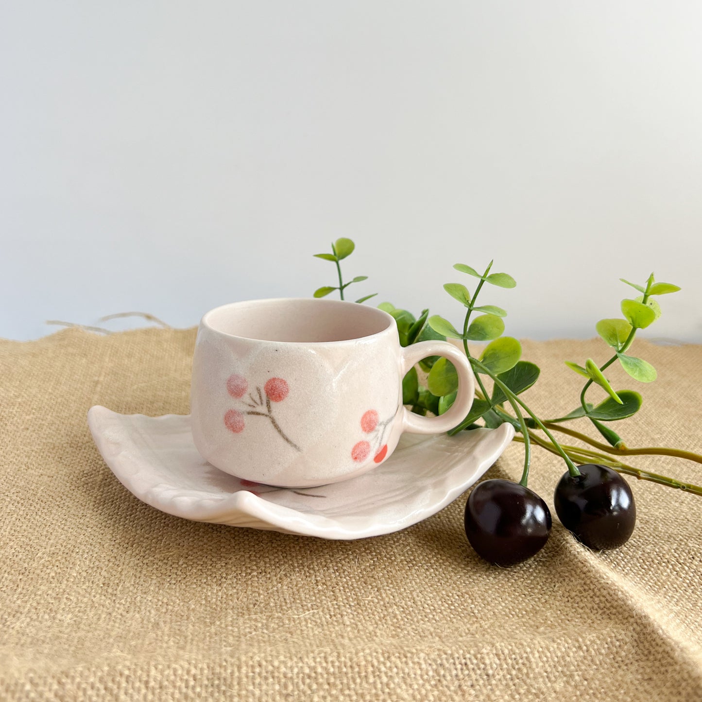 Mini Shino Akane Coffee Cup and Saucer 100ml - Pink Cherry