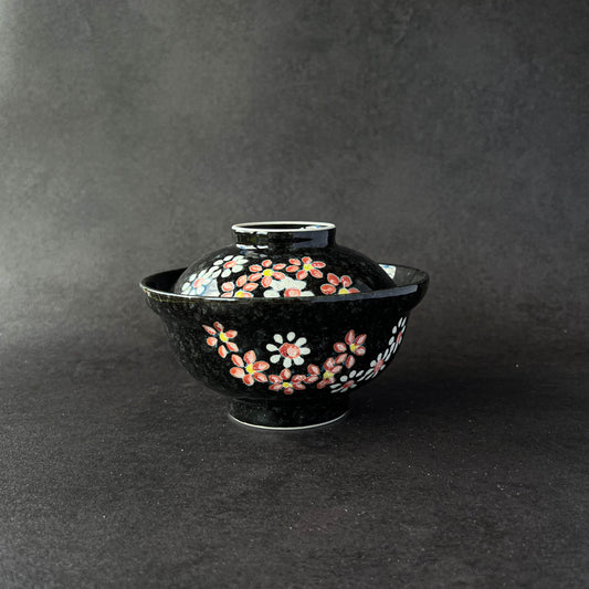 Donburi Rice Noodle Bowl with Lid - Black Floral